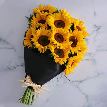 Late Night Sunrise, Natural Raffia Bow, Sunflowers, Hand-Tied Bunch, Black Wrapping